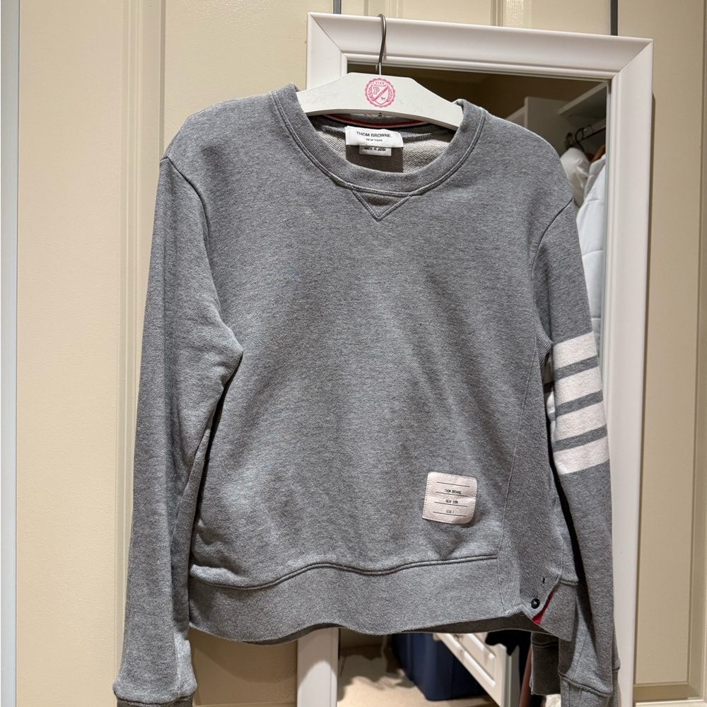 Thom Browne Gray Crew Neck Sweater with Sporty Stripes